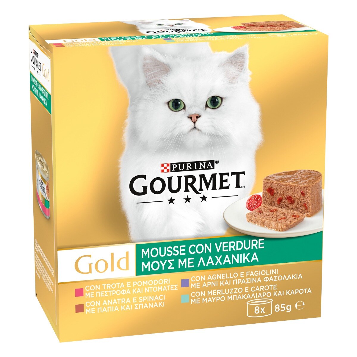 GOURMET® Gold Gatto Mousse con Verdure con Agnello, Anatra, Trota, Merluzzo