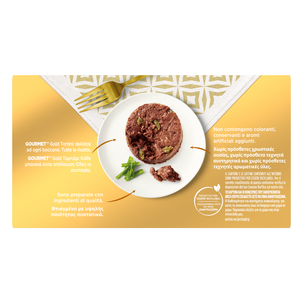 GOURMET® Gold Tortini Gatto con Agnello e Fagiolini, con Tacchino e Spinaci
