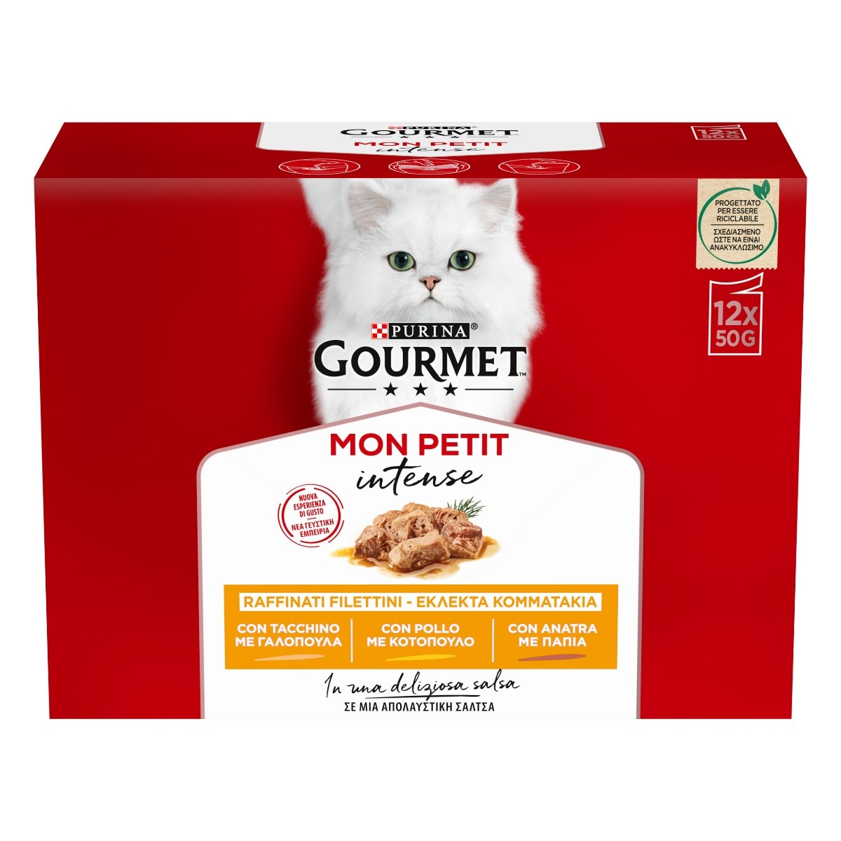 GOURMET® Mon Petit - Mini porzioni di Filettini Intense in Salsa (Tacchino, Pollo e Anatra), Confezione da 12