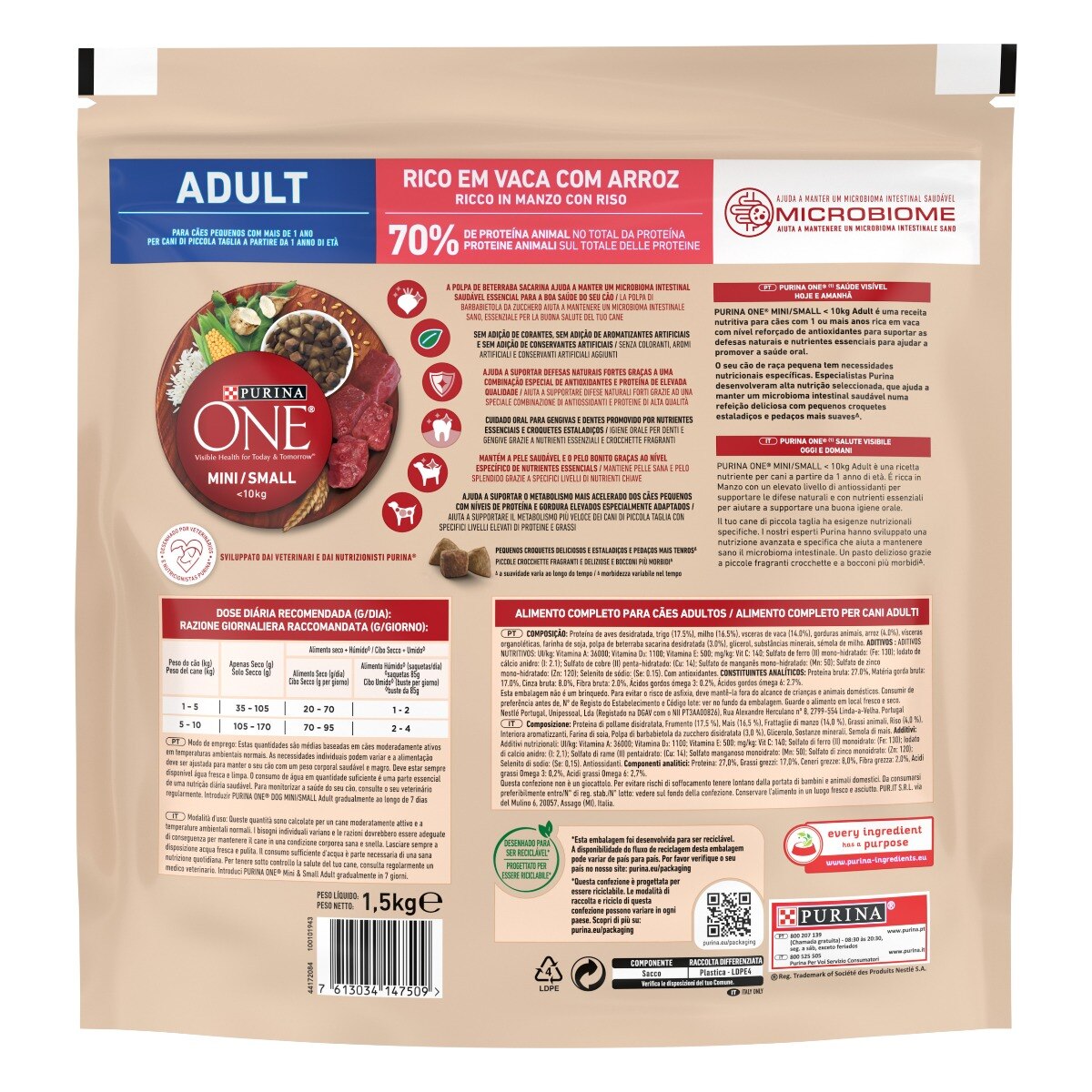 PURINA ONE® MINI/SMALL < 10kg Adult Ricco in Manzo, Con Riso