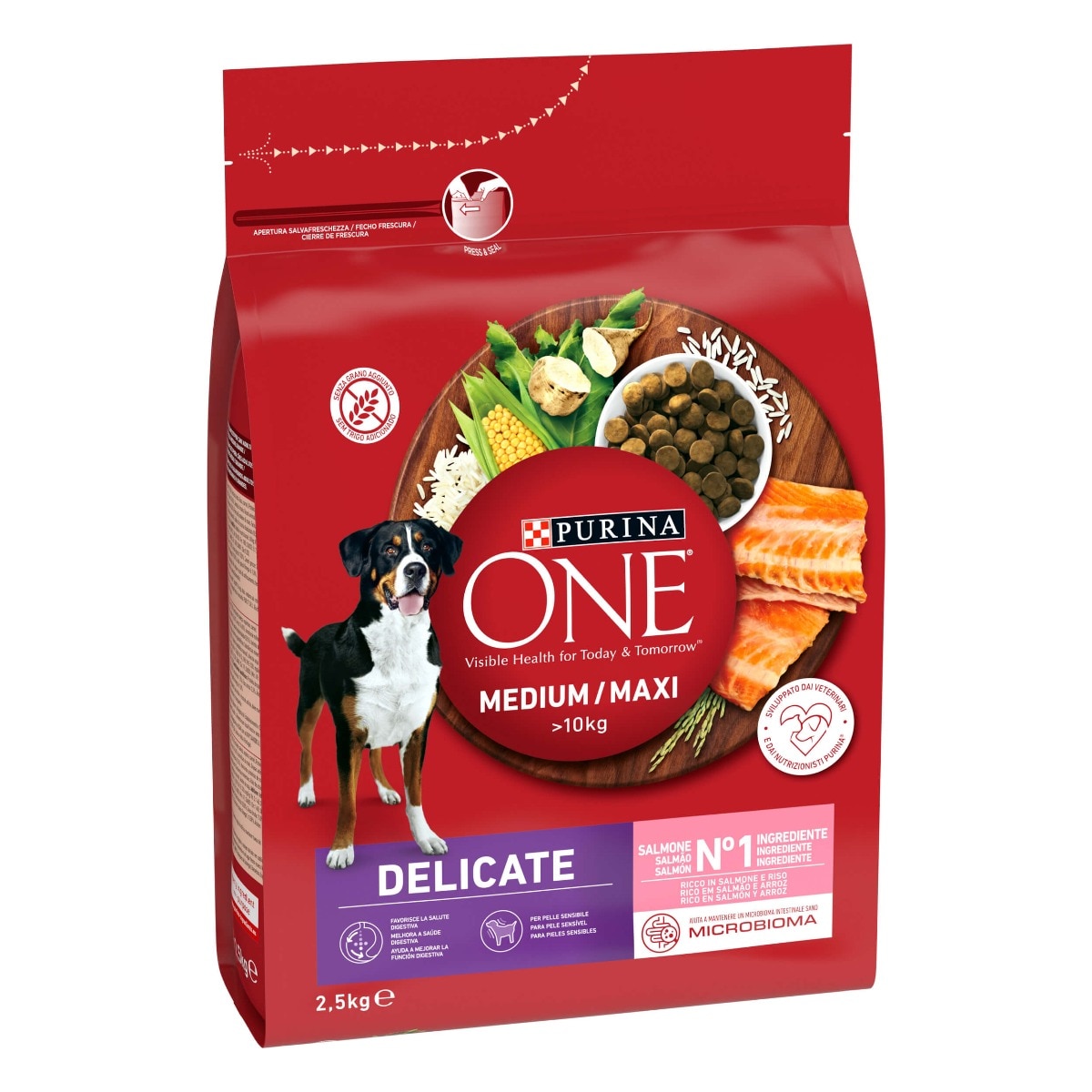 PURINA ONE® Medium / Maxi > 10kg Delicate, Ricco in Salmone e Riso