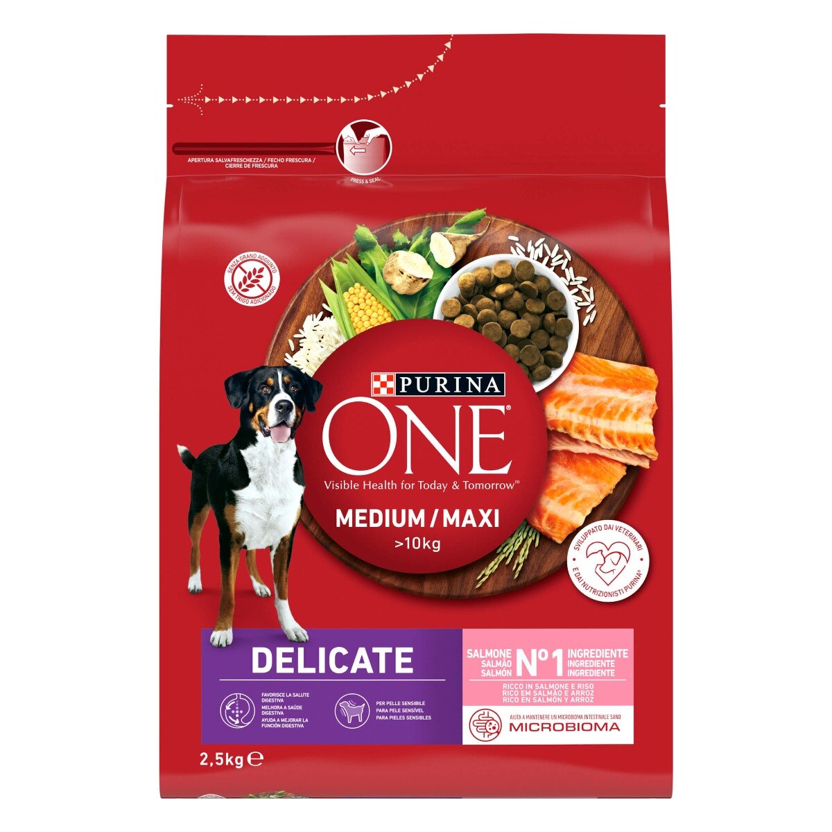 PURINA ONE® Medium / Maxi > 10kg Delicate, Ricco in Salmone e Riso