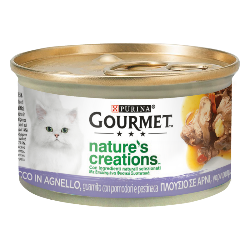 Gourmet Nature's Creations, Ricco in Agnello, guarnito con pomodori e pastinaca - Purina Shop 85 G