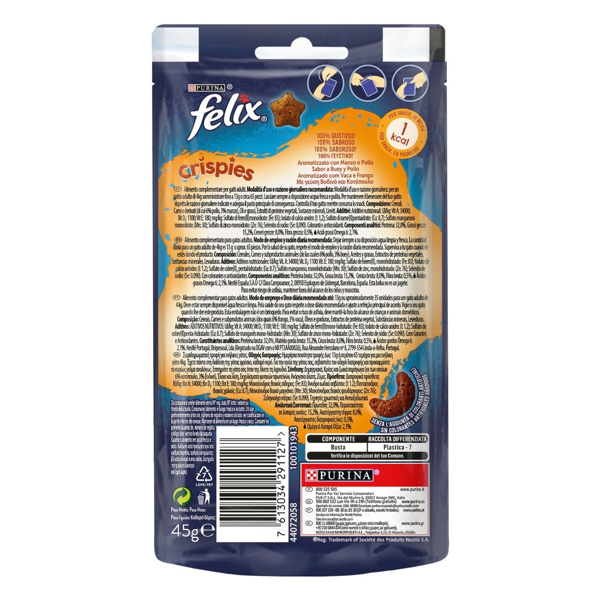 FELIX® Crispies Gatto Snack Aromatizzato con Manzo e Pollo
