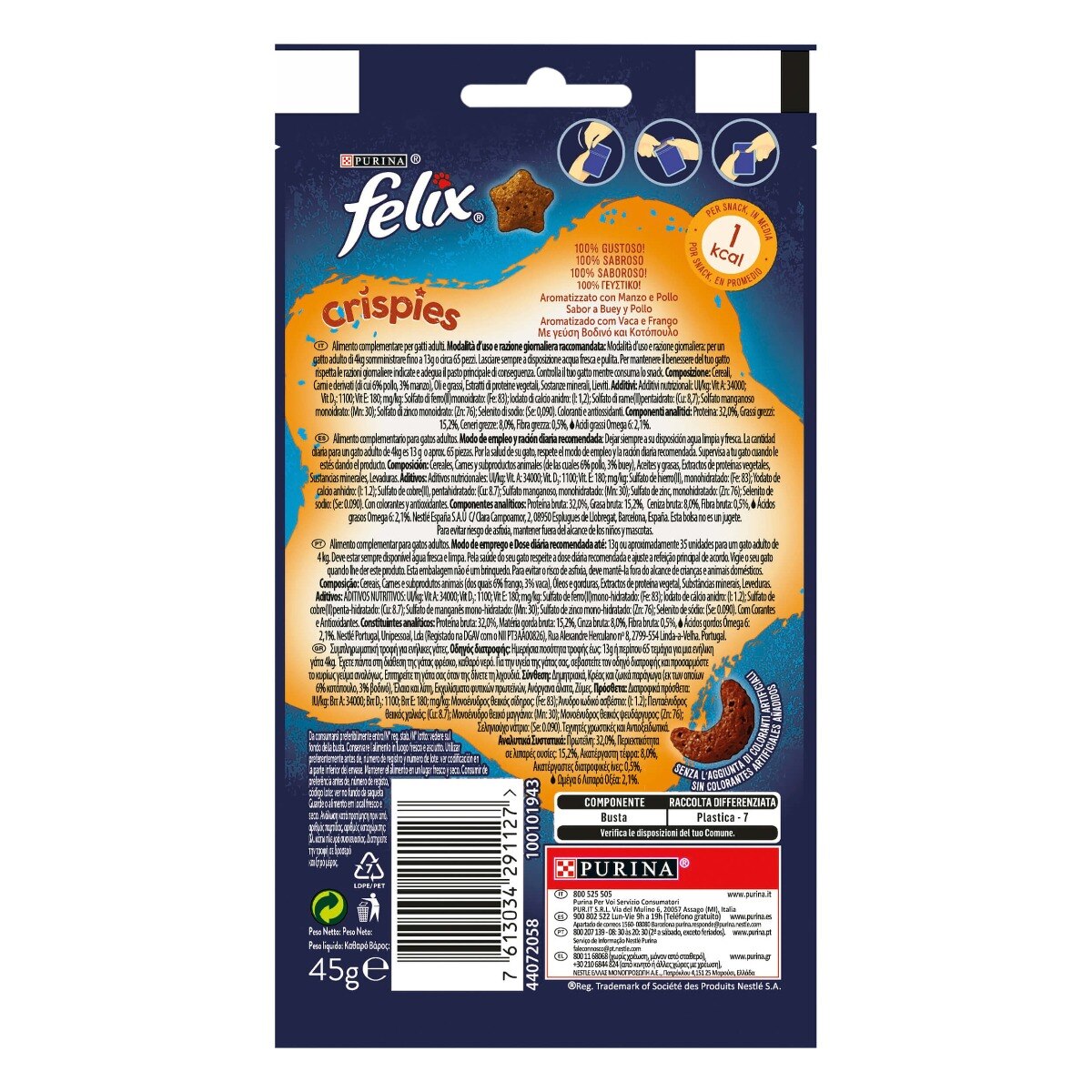 FELIX® Crispies Gatto Snack Aromatizzato con Manzo e Pollo