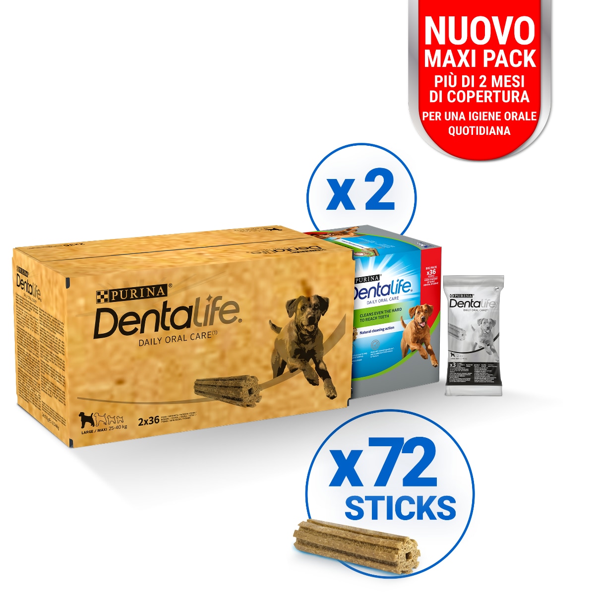 Snack dentale per cane taglia grande 72 sticks – Purina DENTALIFE® Daily Oral Care con pollo 2 x 36 sticks