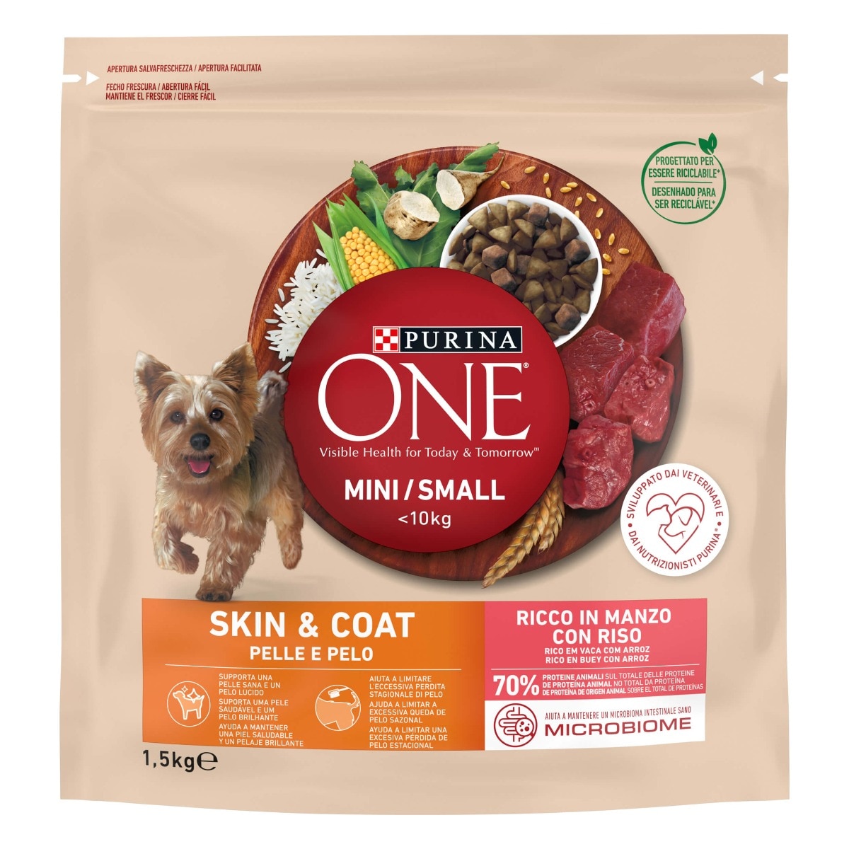 PURINA ONE® MINI/SMALL&nbsp;< 10kg Pelle e Pelo&nbsp;Ricco in Manzo con Riso