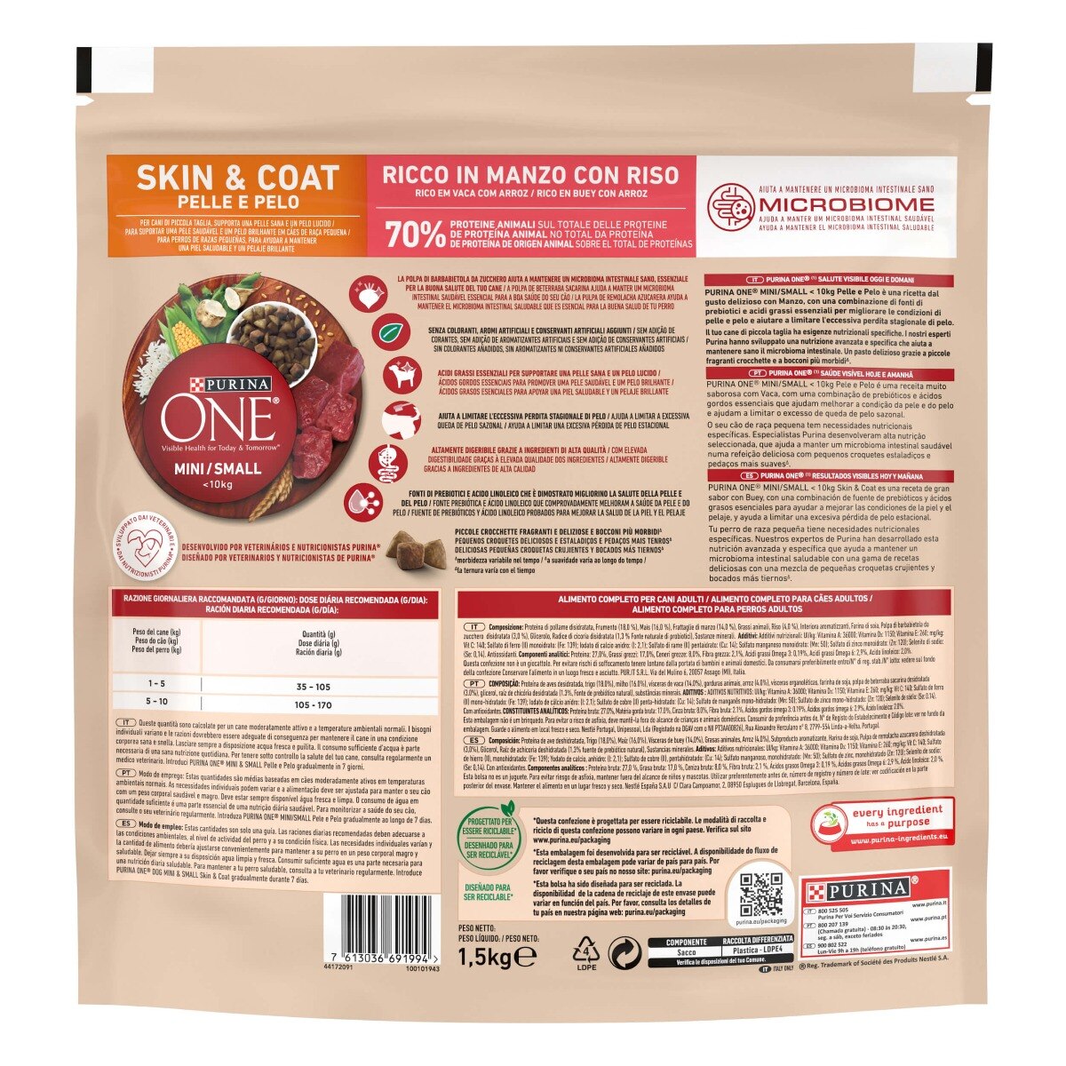 PURINA ONE® MINI/SMALL&nbsp;< 10kg Pelle e Pelo&nbsp;Ricco in Manzo con Riso
