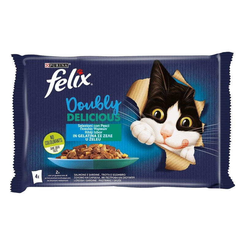 FELIX Le Ghiottonerie Doubly Delicious Gatto Salmone&Sardine, Trota&Sgombro - Purina Shop Busta x 50 g