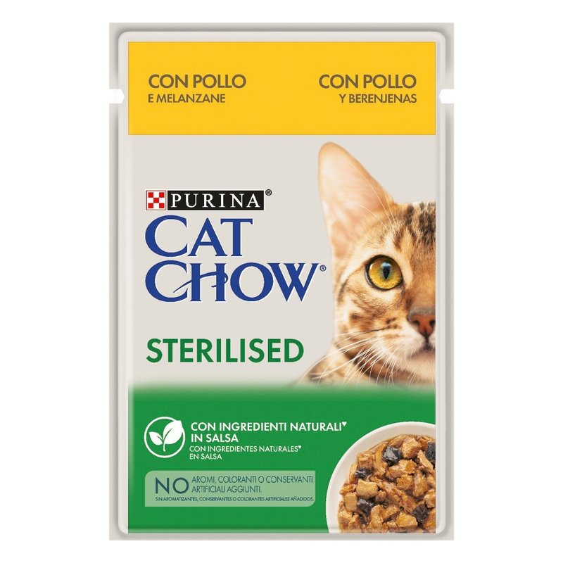 Cibo umido, cibo secco e snacks per gatti - CAT CHOW Adult 1+ Sterilised, teneri pezzetti in salsa con pollo e melanzane, Cat Chow 85 g