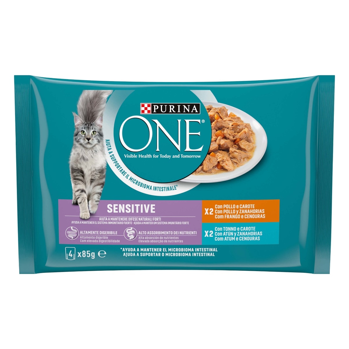PURINA ONE® SENSITIVE filettini in salsa con Pollo e Carote, Tonno e Carote