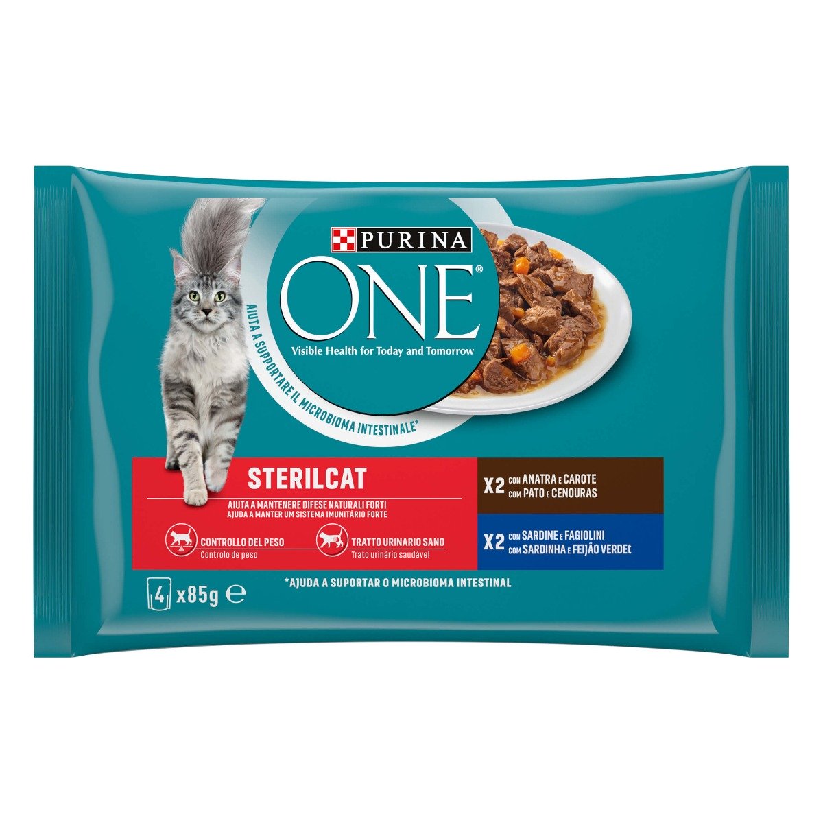 Cibo umido per gatto sterilizzato – Purina ONE® Sterilcat Filettini in salsa con Anatra e Sardine 4x85 g