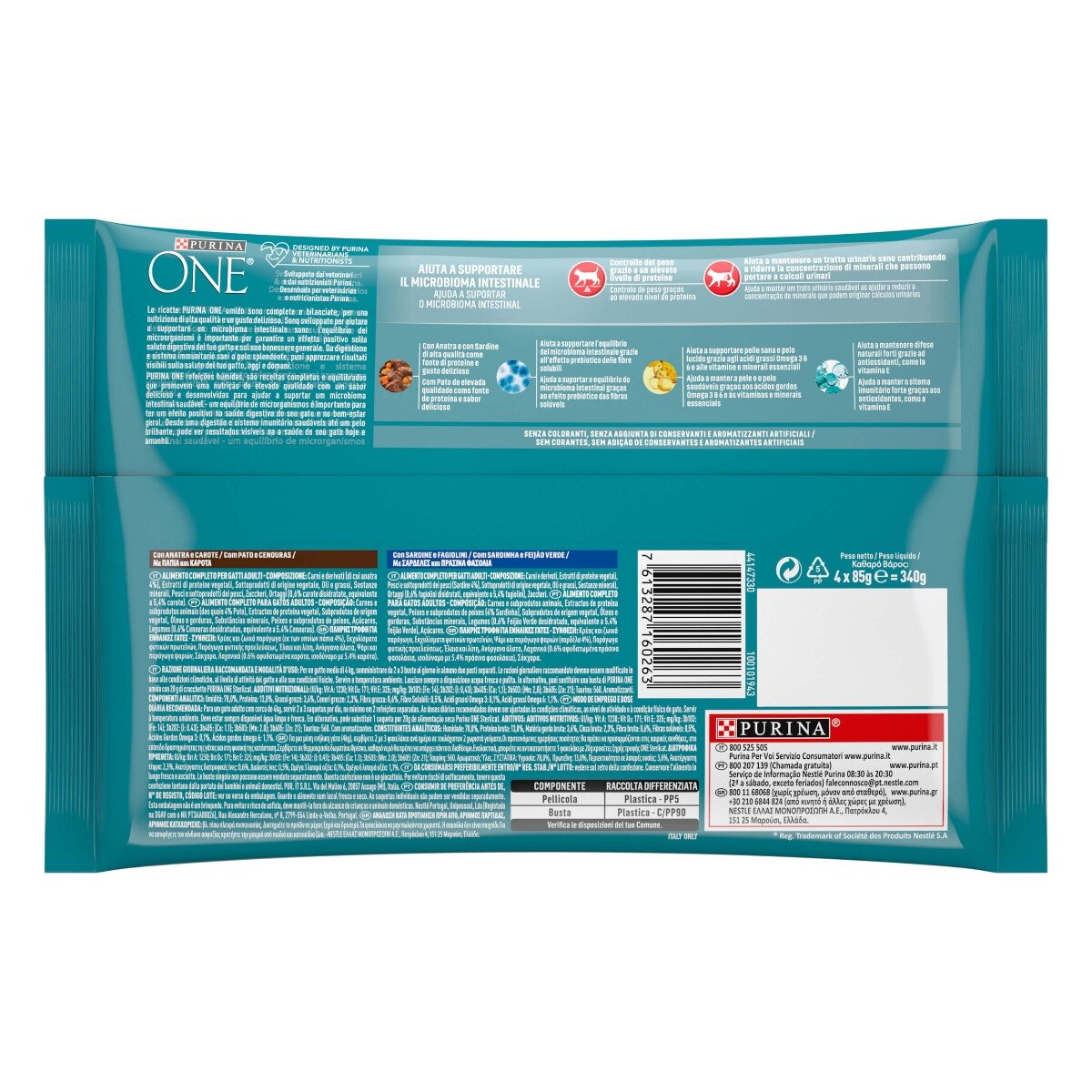 Cibo umido per gatto sterilizzato – Purina ONE® Sterilcat Filettini in salsa con Anatra e Sardine 4x85 g
