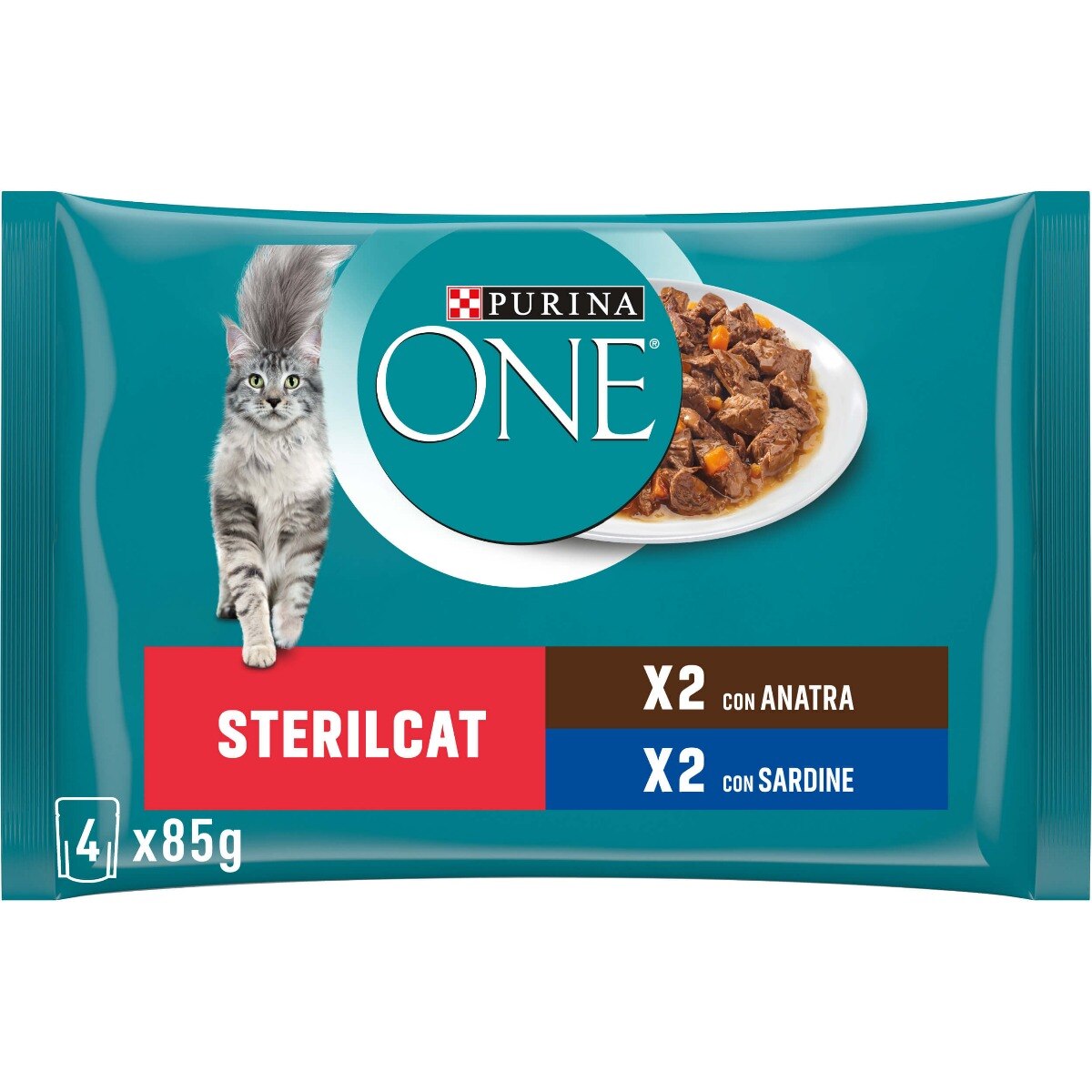 Cibo umido per gatto sterilizzato – Purina ONE® Sterilcat Filettini in salsa con Anatra e Sardine 4x85 g
