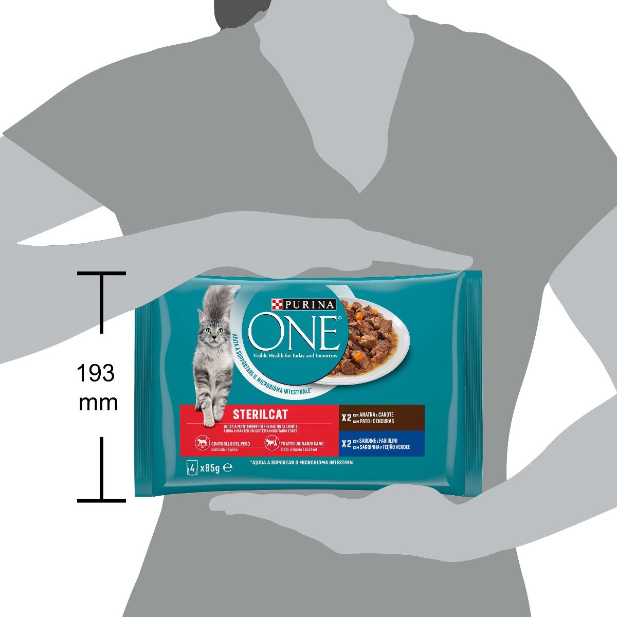 Cibo umido per gatto sterilizzato – Purina ONE® Sterilcat Filettini in salsa con Anatra e Sardine 4x85 g