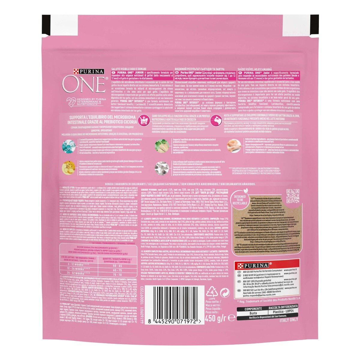 Cibo secco per gatto junior – Purina ONE® Ricco in Pollo e Grano Integrale 450 g
