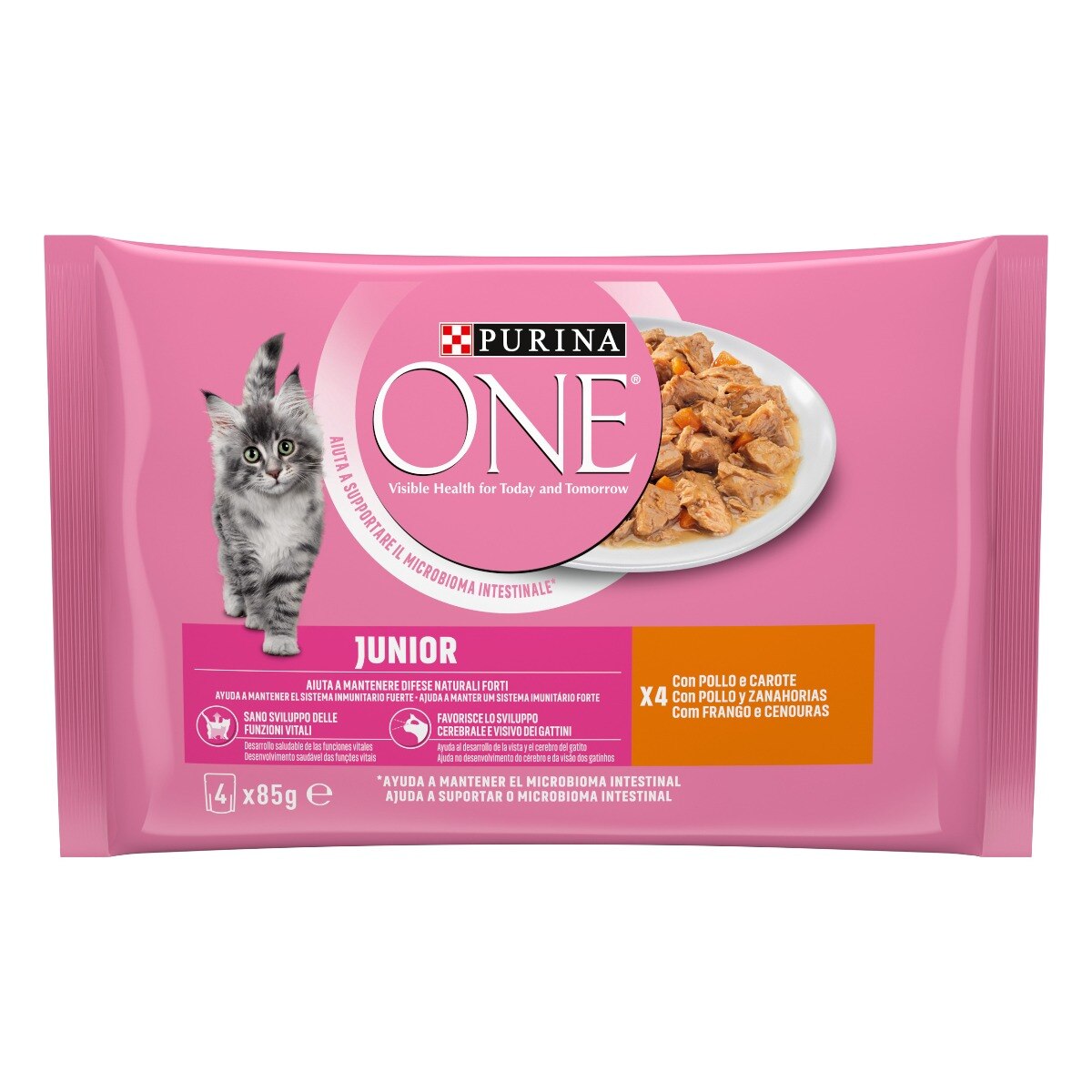 Cibo umido per gattino Junior – Purina ONE® Filettini in Salsa con Pollo e Carote 4x85 g