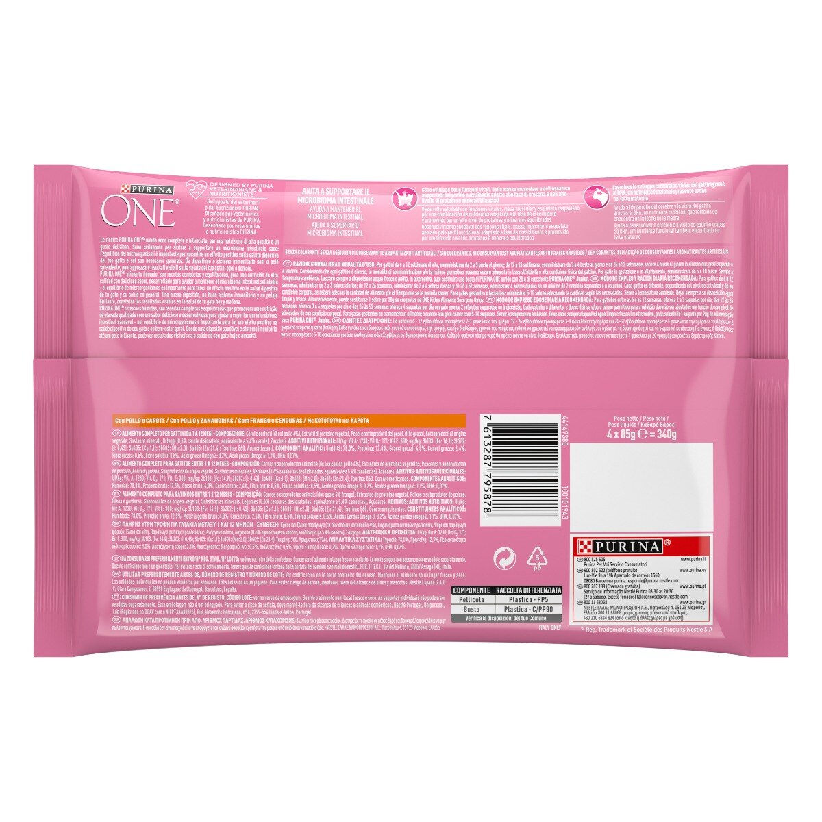 Cibo umido per gattino Junior – Purina ONE® Filettini in Salsa con Pollo e Carote 4x85 g