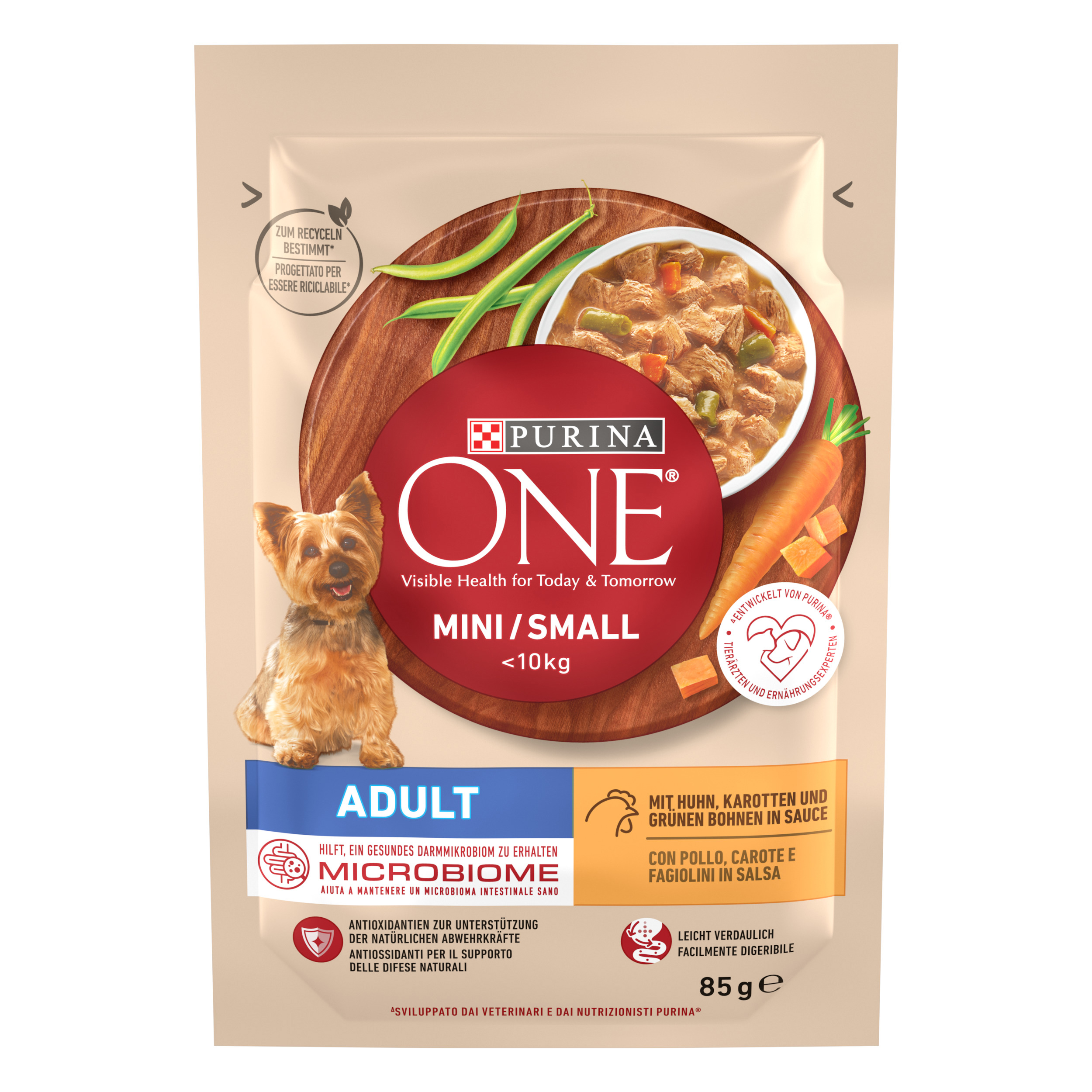 Purina ONE MINI Adult 85g Pollo, Carote e Fagiolini in Salsa