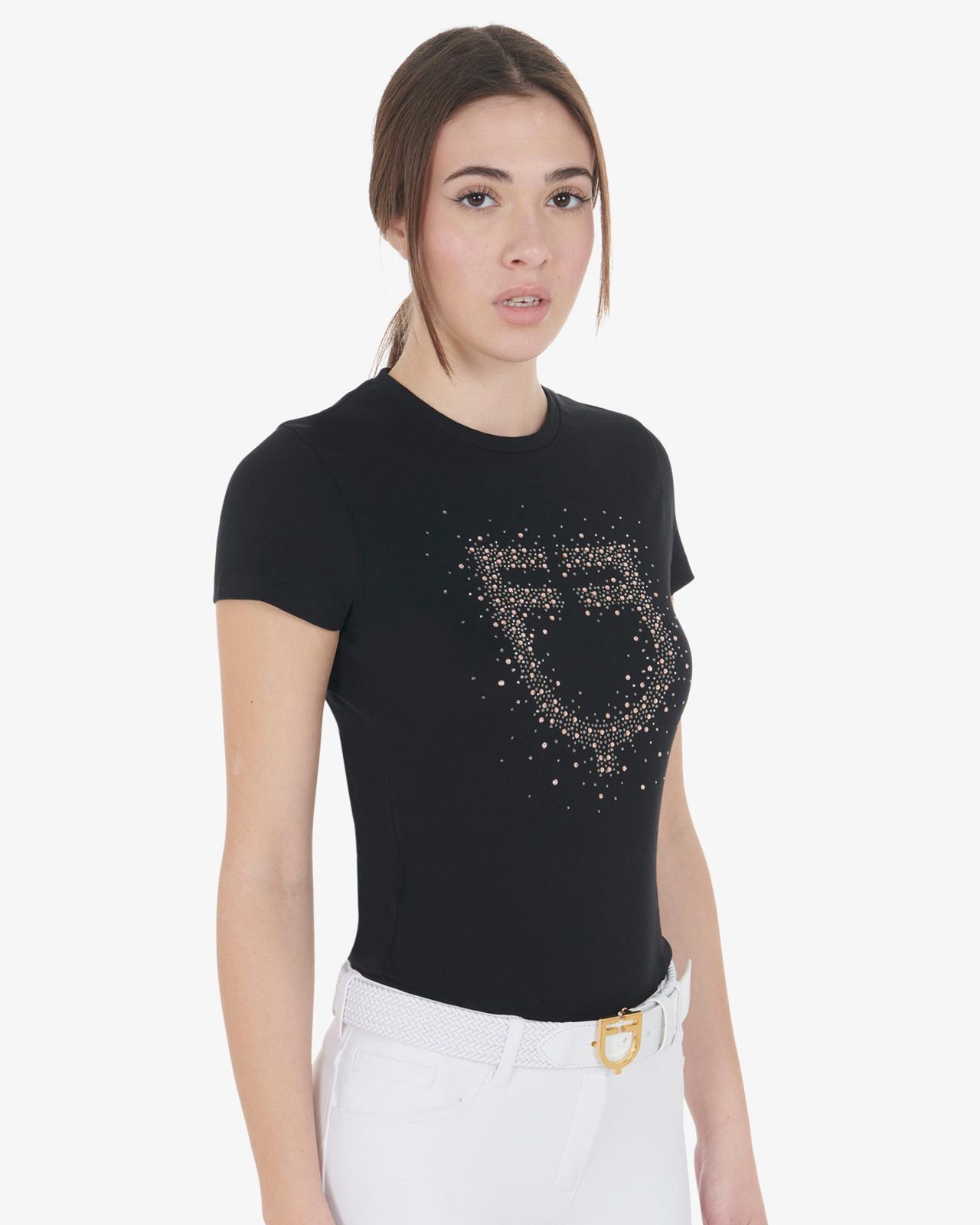 T-shirt donna slim fit logo strass rosa