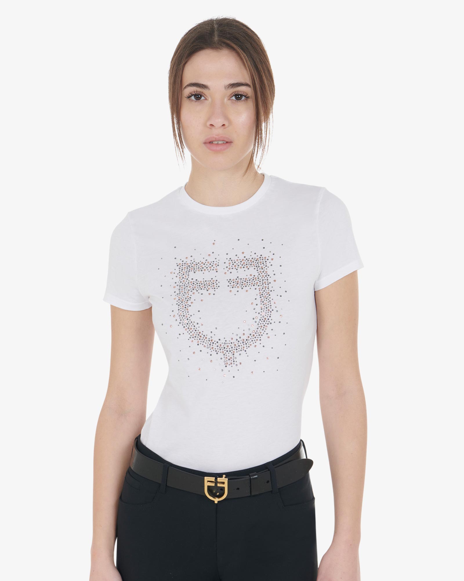 T-shirt donna slim fit logo strass rosa