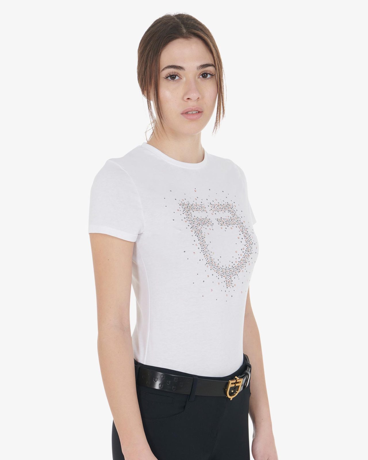 T-shirt donna slim fit logo strass rosa