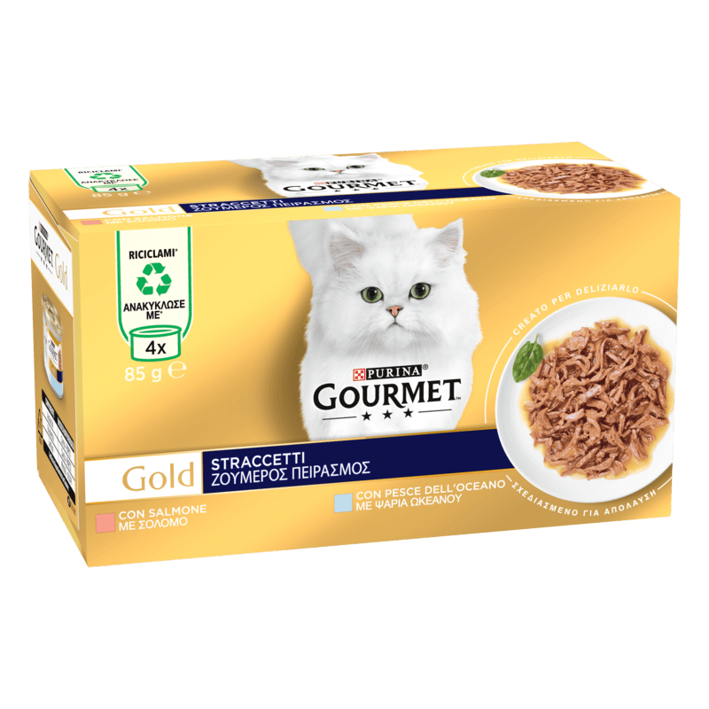 GOURMET GOLD 4x85g Straccetti Pesce dell'Oceano e Salmone | Purinashop confezioni multiple, lattina 4 x 85 g