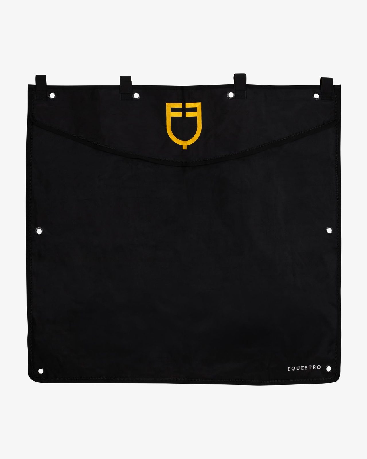 Short stable curtain with embroidered logo