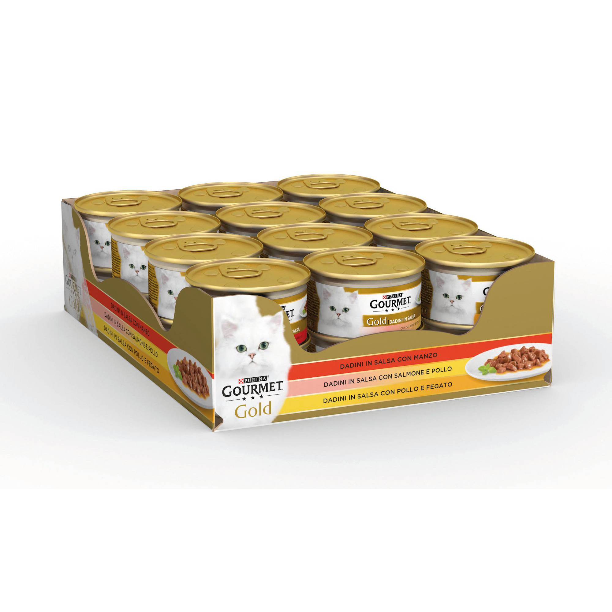 GOURMET® Gold Gatto Dadini in Salsa con Manzo, con Salmone e Pollo, con Pollo e Fegato