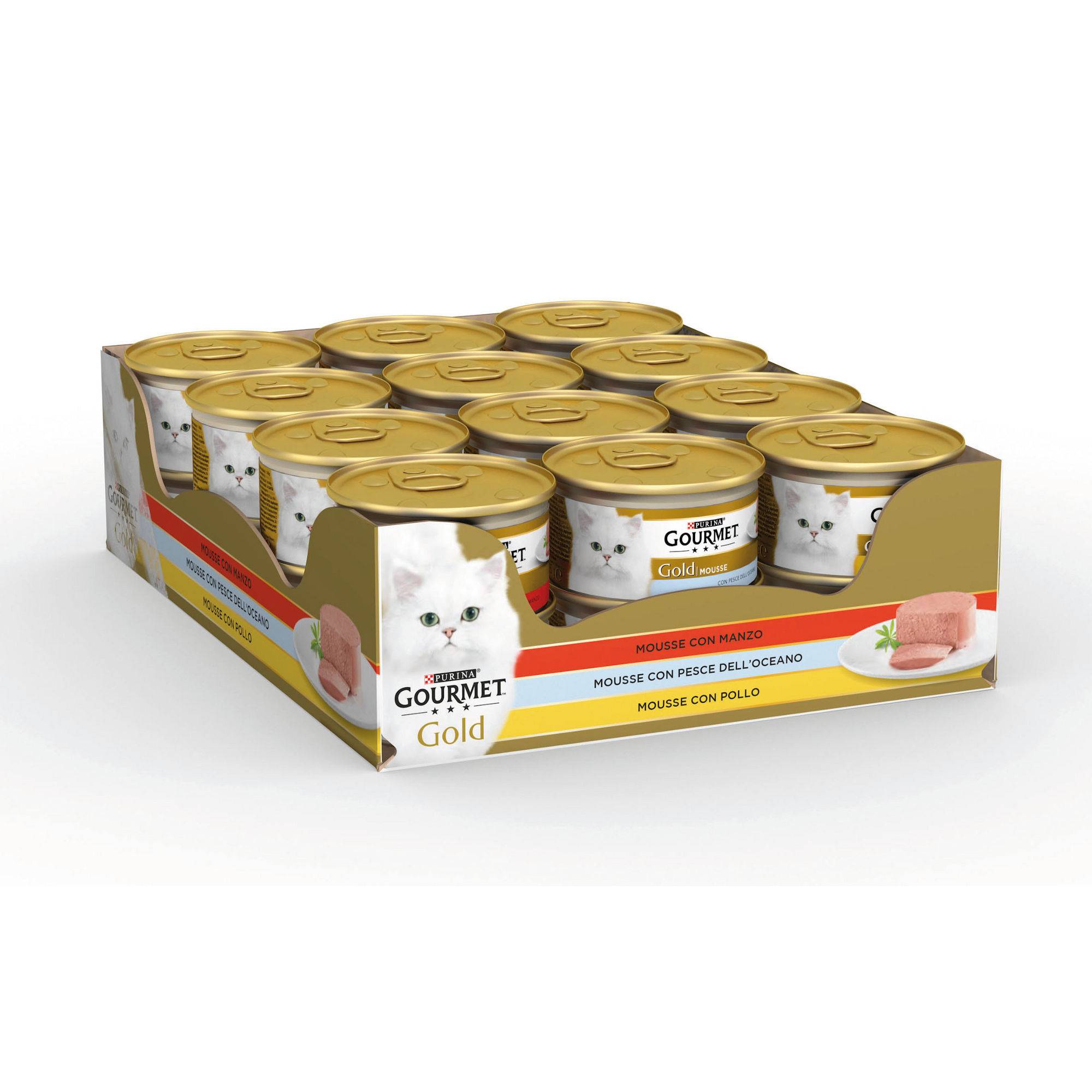 GOURMET® Gold Gatto Mousse con Manzo, con Pesce dell'Oceano, con Pollo