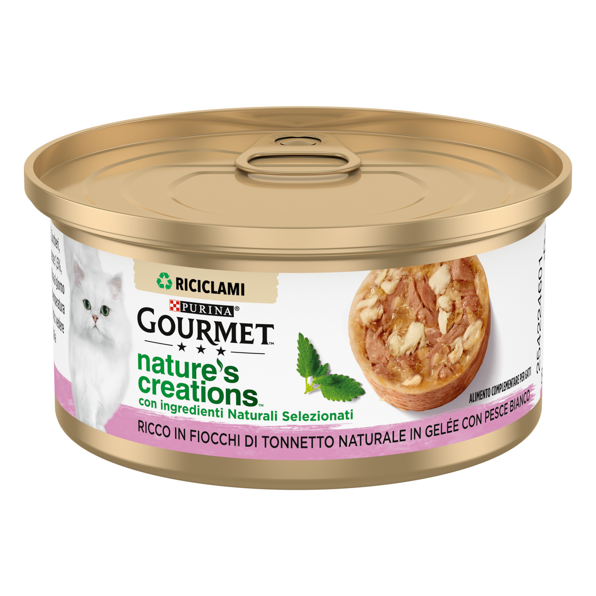 GOURMET™ Nature's Creations, Ricco in Fiocchi di Tonnetto Naturale in Gelée con Pesce Bianco, lattina da 70g
