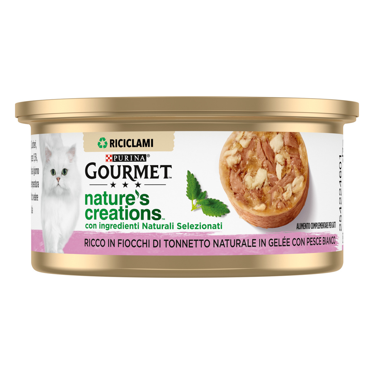 GOURMET™ Nature's Creations, Ricco in Fiocchi di Tonnetto Naturale in Gelée con Pesce Bianco, lattina da 70g
