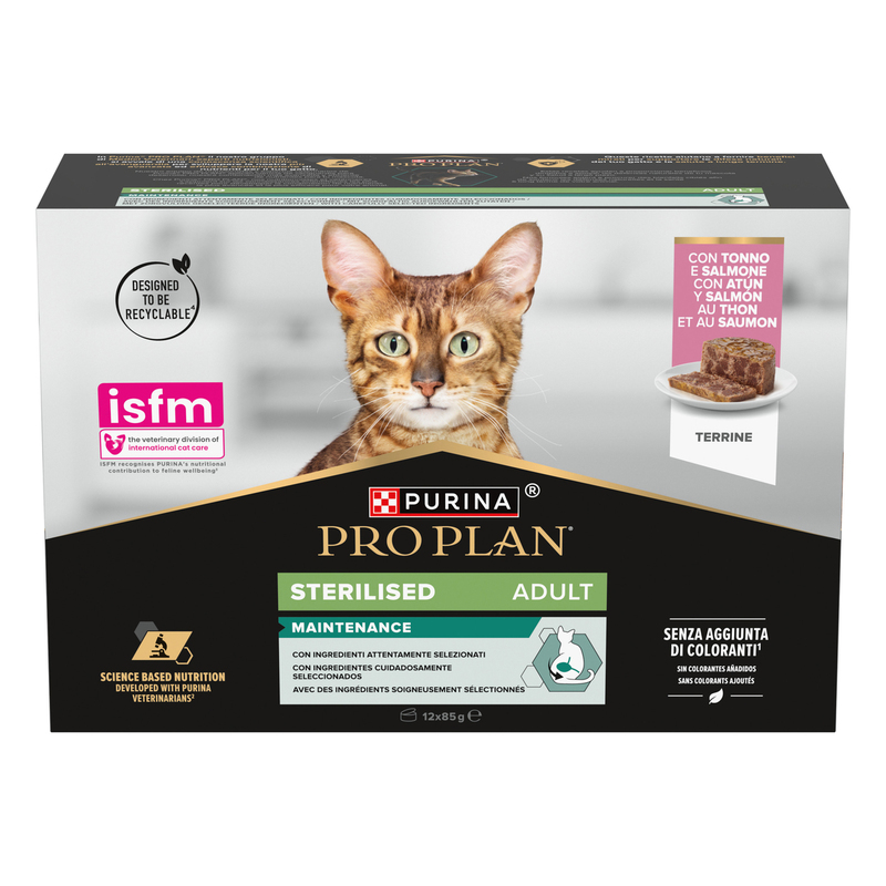 PURINA® PRO PLAN® STERILISED MAINTENANCE, Terrine, con tonno e salmone - Purina Shop 12x85 g