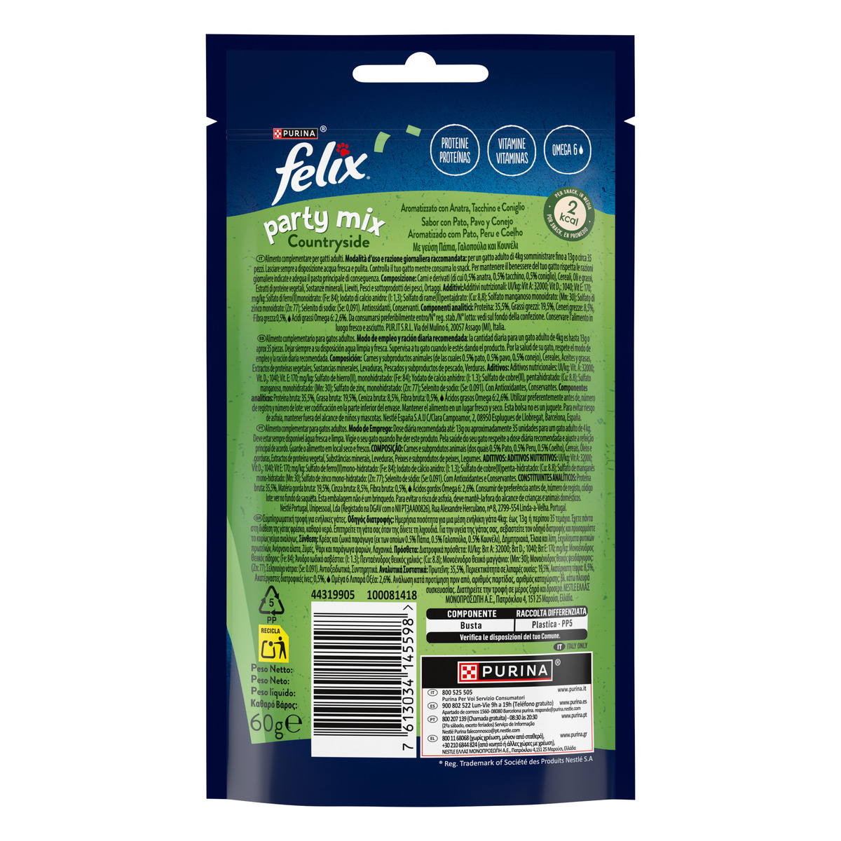 FELIX Party Mix Gatto Snack Countryside Mix Aromatizzato con Anatra, Tacchino e Coniglio