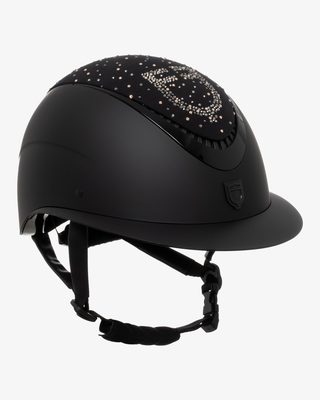 Matt helmet with wide visor and rhinestone logo homologation EN 1384-2023