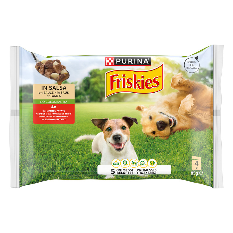 FRISKIES Cane Bocconi in salsa con Manzo e Patate - Purina Shop confezioni multiple, busta 4 x 85 g