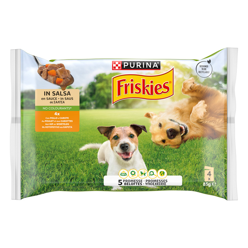 FRISKIES Cane Bocconi in salsa con Pollo e Carote - Purina Shop confezioni multiple, busta 4 x 85 g
