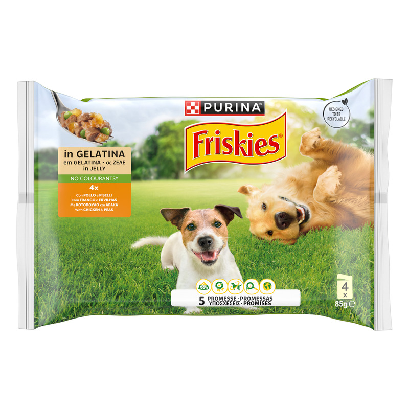 FRISKIES Cane Bocconi in gelatina con Pollo e Piselli - Purina Shop Confezioni multiple, 4 x 85g