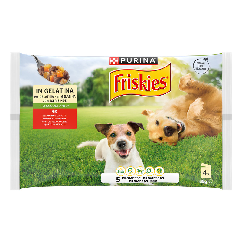 FRISKIES Cane Bocconi in gelatina con Manzo e Carote - Purina Shop confezioni multiple, busta 4 x 85g