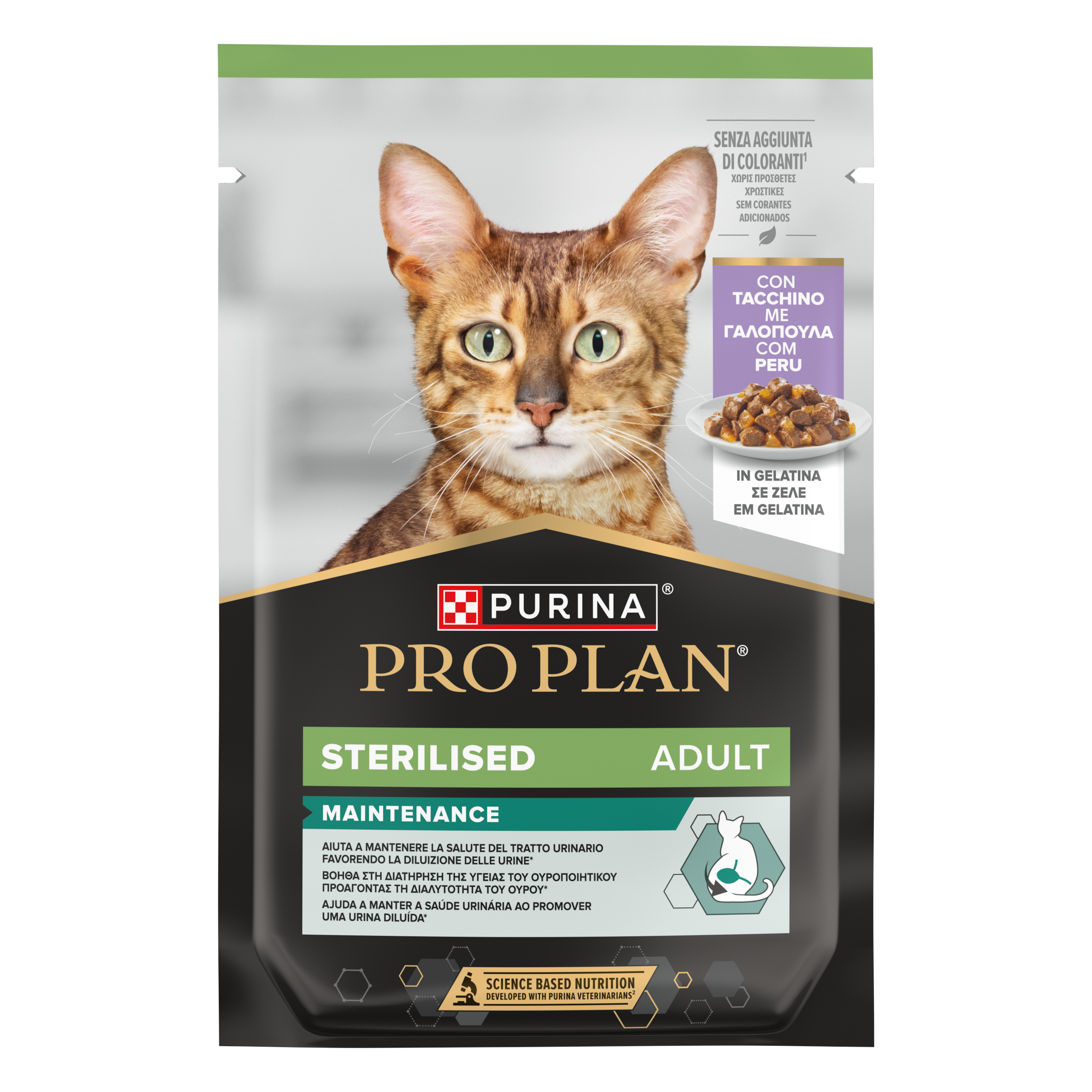 PURINA PRO PLAN WET CAT STERILISED teneri pezzetti in gelatina con Tacchino