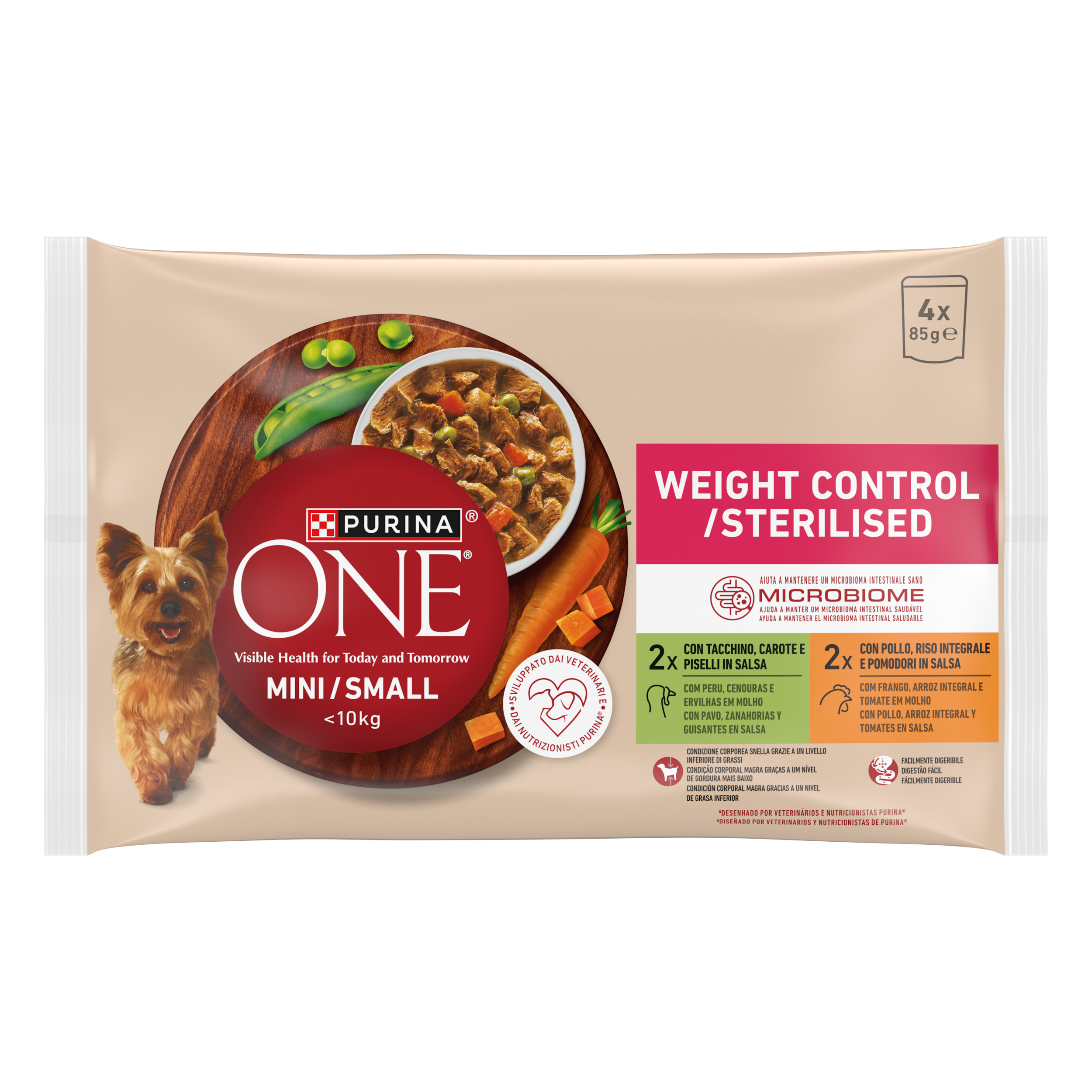 Purina ONE MINI Controllo del peso 85g Tacchino, Carote e Piselli