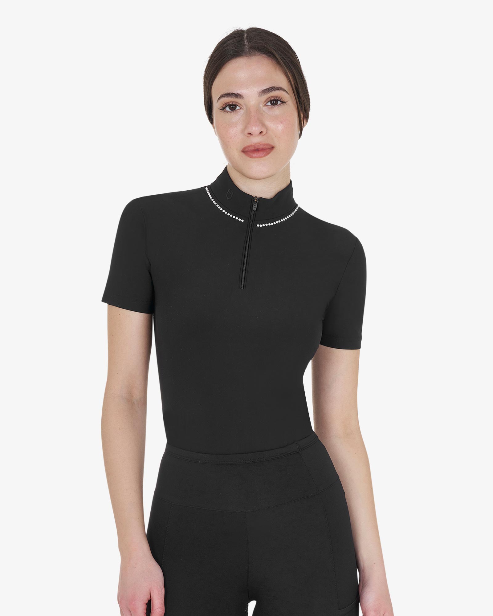 Polo training donna slim fit con zip e perline sul colletto