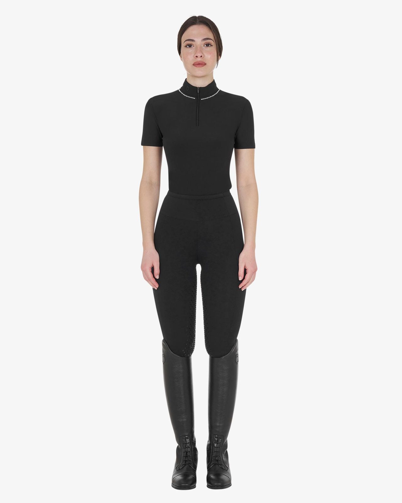 Polo training donna slim fit con zip e perline sul colletto