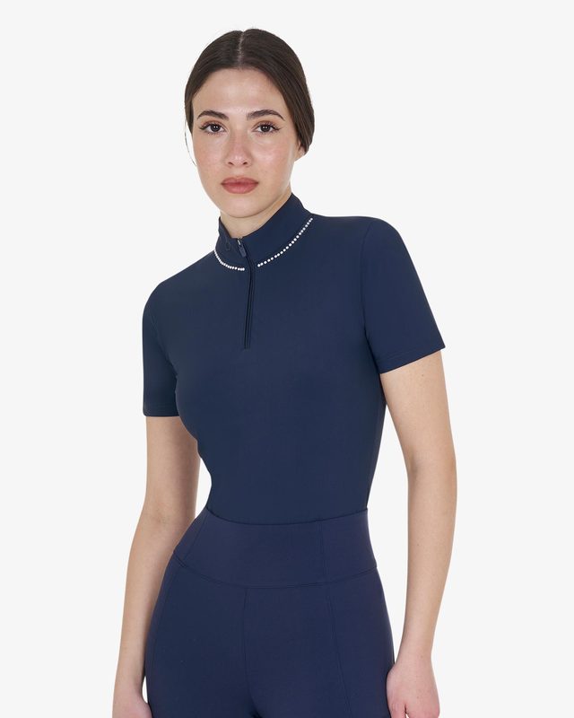 Women's slim fit training polo shirt with zip and collar beads
