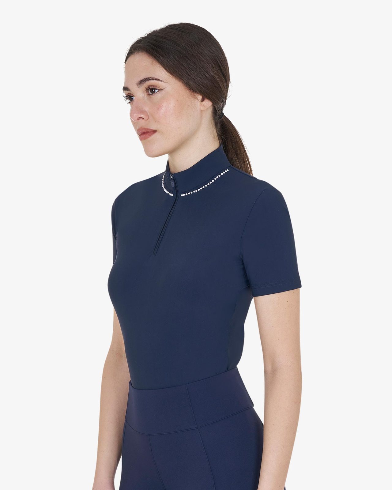Polo training donna slim fit con zip e perline sul colletto