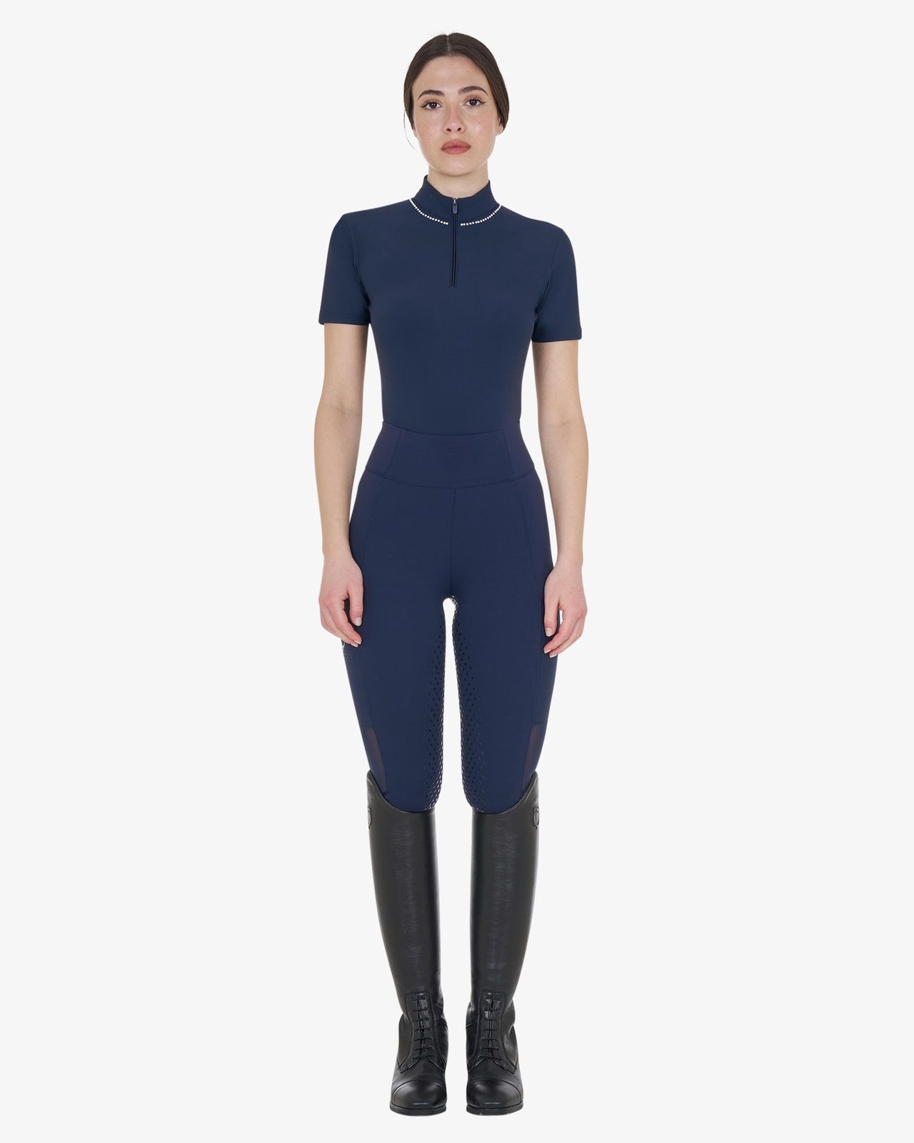 Polo training donna slim fit con zip e perline sul colletto