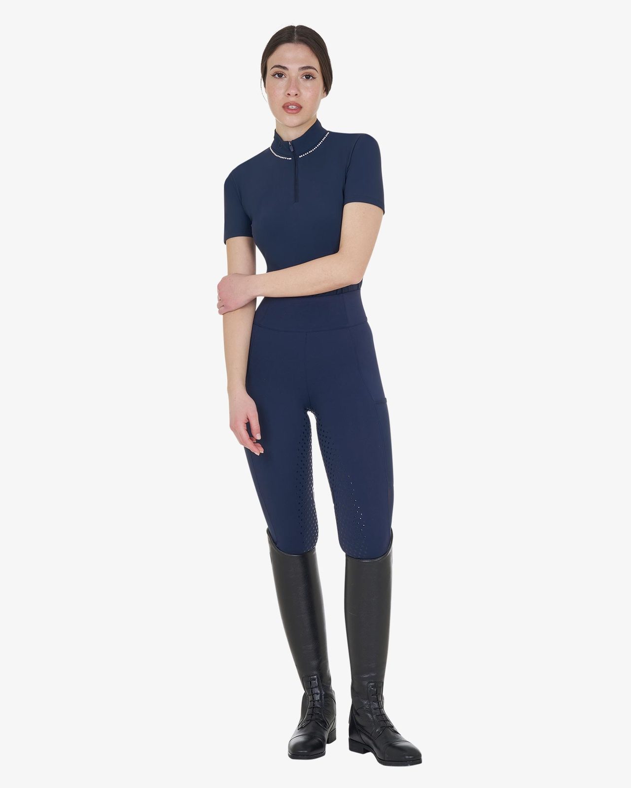 Polo training donna slim fit con zip e perline sul colletto