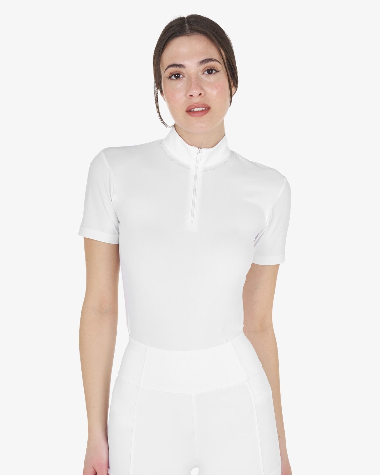 Polo training donna slim fit con zip e perline sul colletto