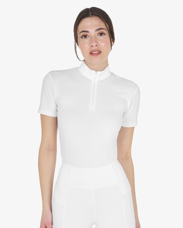 Women's slim fit training polo shirt with zip and collar beads