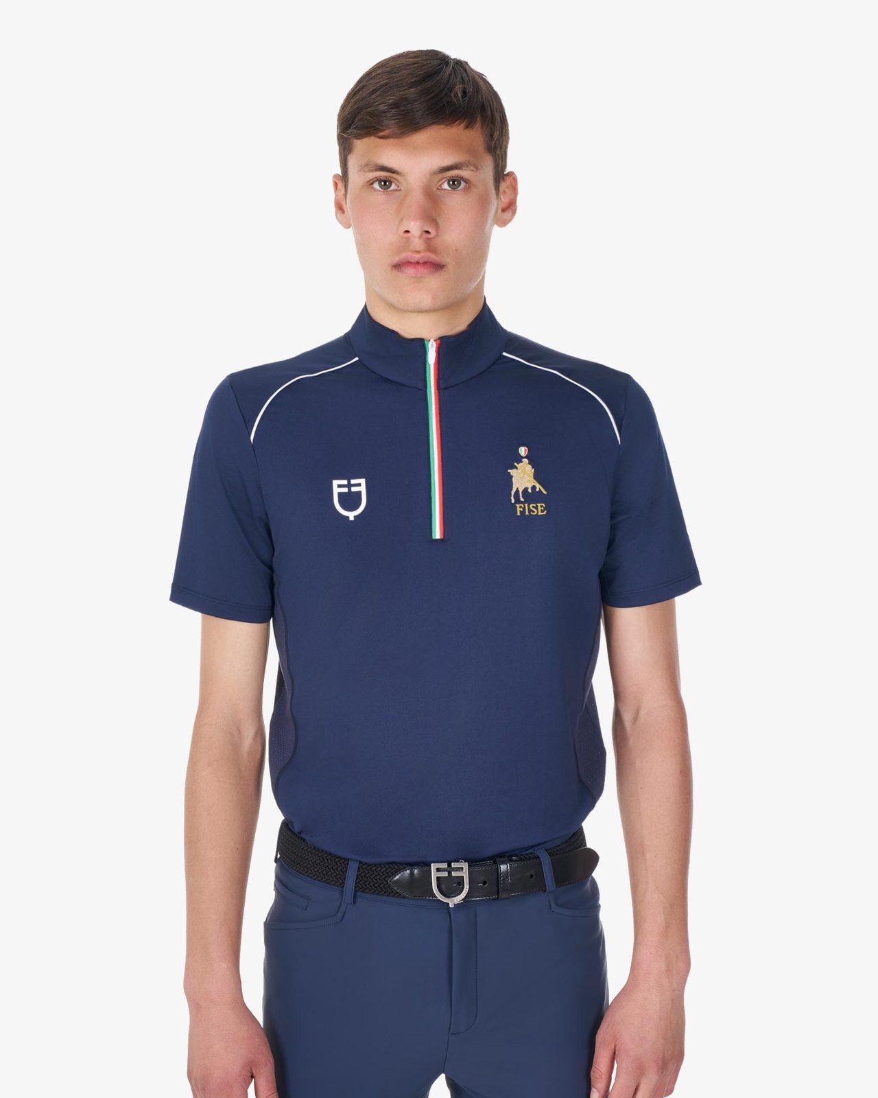 Men's training polo shirt with Italian flag zip Equestro X FISE